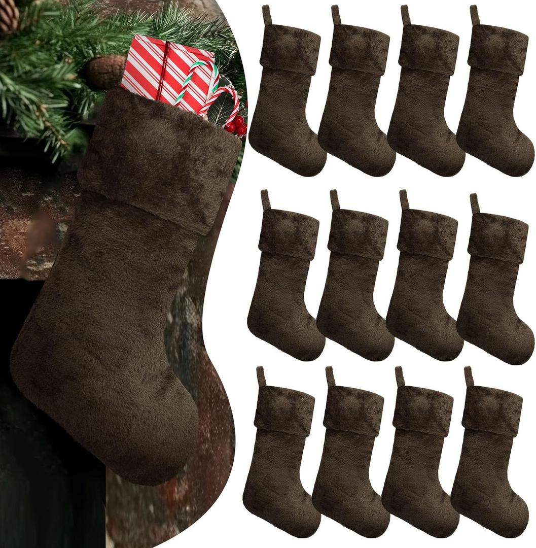 12 Pcs Christmas Stocking 18'' Bulk Thick Plush Fabric Hanging Christmas Stocking Decorations for Xmas Holiday Family Party Tree Fireplace Classic Ornaments (Dark Brown)