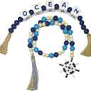 2 Pieces Ocean Letter Block Bead Garland with Tassels Wood Bathroom DecorBlue Nautical Marine Beach Rope Beads Garland Farmhouse Decoration Tiered Tray Table Decor Set