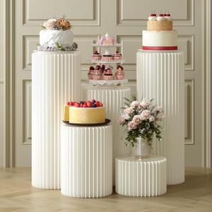 Cylinder Stands for Party, 5 PCS Cilindros Para Fiestas Redondos Blancos Cake Pedestal Stand With Acrylic Disc Foldable Cardboard Columns Cylinder Tables for Birthday, Wedding Party Decor