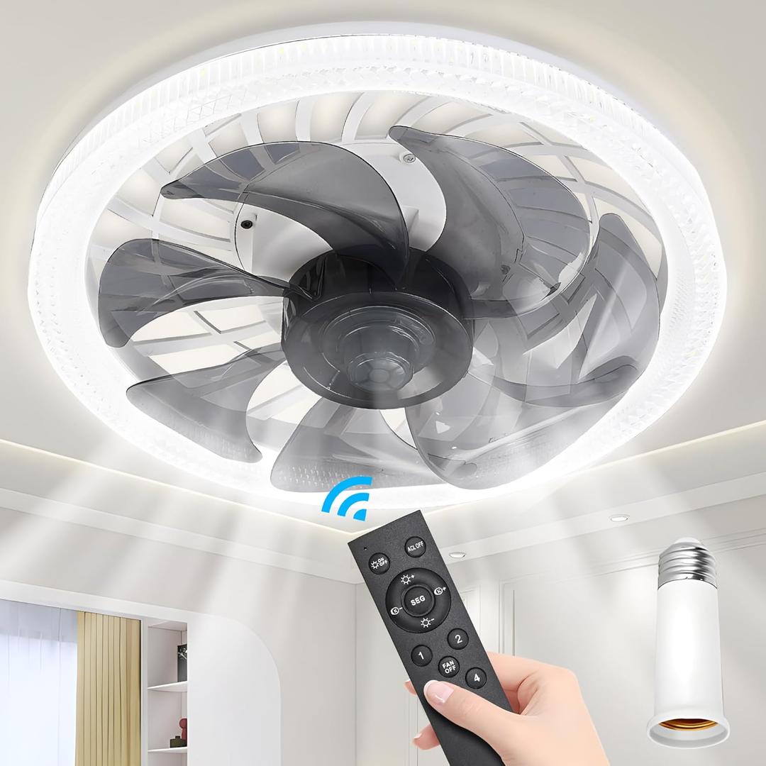Socket Fan Light - 12" Socket Fan Ceiling Fan With Light and Remote, E26 Base, 4 Speed Wind Adjustment, 3000-6000k Dimmable LED Light for Bedroom, Kitchen (White)