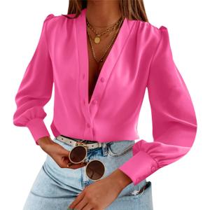 Women's Business Casual Tops Satin Silk Long Sleeve Button Down Shirts V Neck Chiffon Work Blouses (XX-Large, Hot Pink)