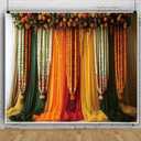 10x8ft India Pooja Traditional Backdrop Colorful Curtains Floral Indian Photography Background Puja Ganpati Mehndi Diwali Party Decorations for Wedding Birthday Festival Photo Props