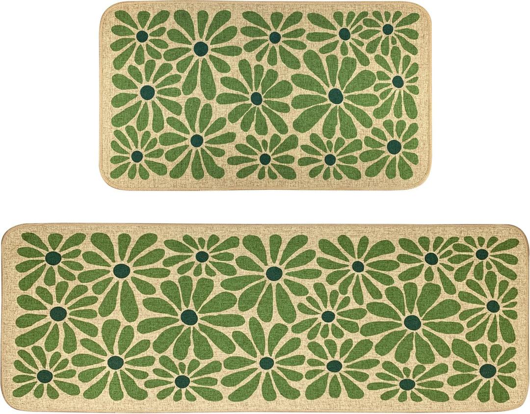 SHIYUE Green Kitchen Mat Set of 2, Boho Flower Kitchen Rugs Farmhouse Modern, Non Skid Washable Rubber Runner Rugs, Kitchen Decor Accessories17x47in+17x30in