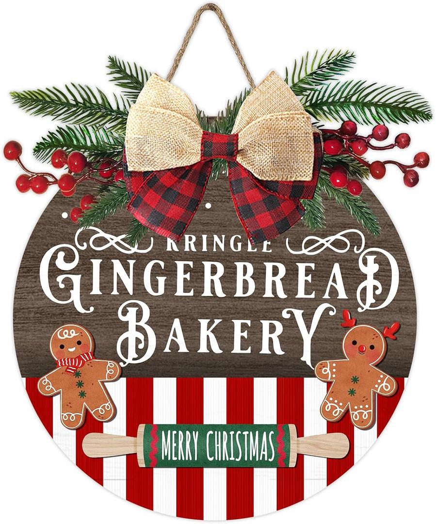 Deroro Merry Christmas Gingerbread Bakery Front Door Sign, Xmas Holiday Wood Door Hanger Outdoor Porch Decor, Winter Farmhouse Rustic Wooden Wreath with Plaid Bow Indoor Wall Hanging Decoration