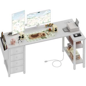 Lufeiya White L Shaped Desk with Drawers & Storage Shelves, 55 Inch Corner Computer Desk with Power Outlet for Home Office Bedroom, L-Shaped Teen PC Desks with Fabric Drawer, White
