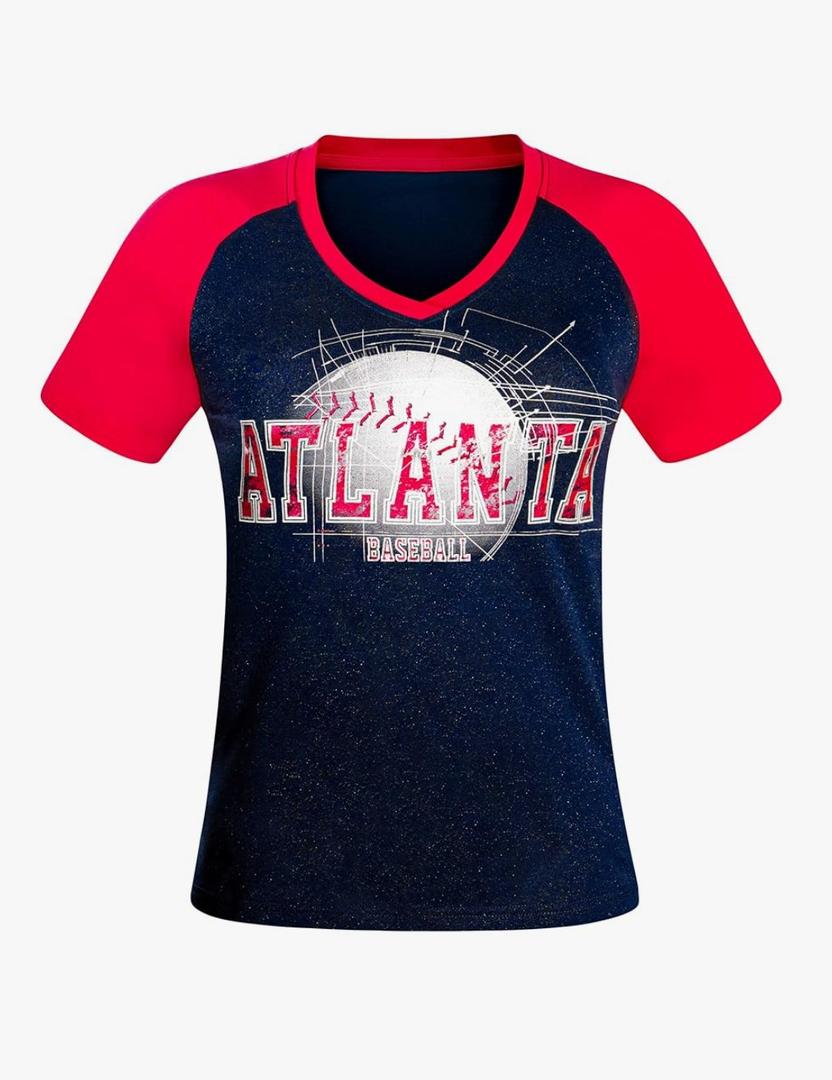 Womens City Baseball Fans Vintage Glitter Sporty V-Neck Tee Shirts - Navy & Red XL