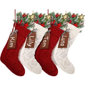 Aoriher 4 Sets Large Christmas Stockings with DIY Name Tags, 18 Inch Knitted Stockings Xmas Stocking Decorations with Christmas Stocking Tags for Christmas Family Decor(Red, White)