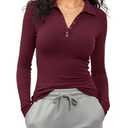 Prettywear V Neck Long Sleeve Shirts for Women Trendy Casual Fitted Collared Basic Cute Polo Tops Button T-Shirt 2025 Fall Clothes Burgundy, Large