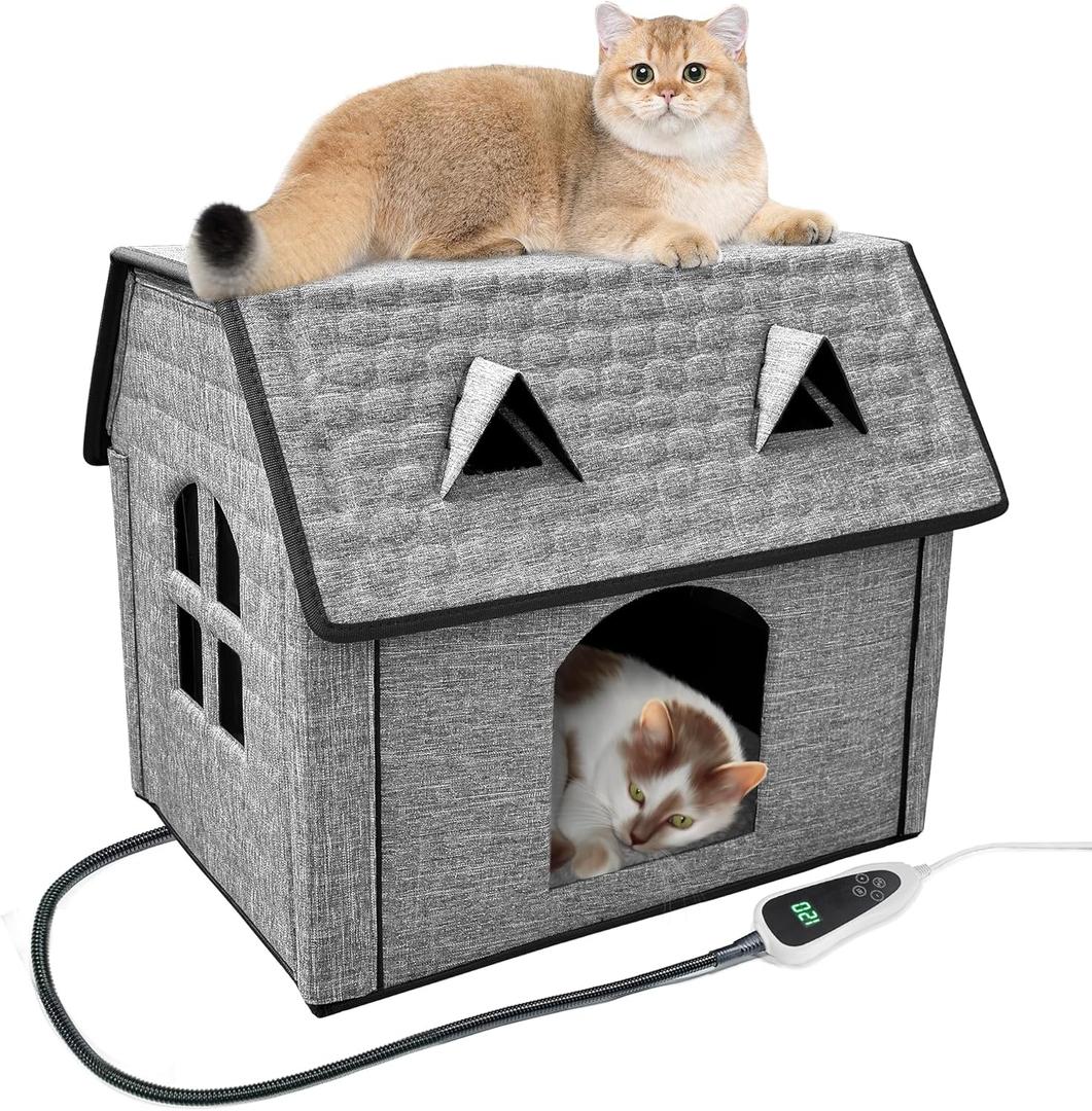 Indoor Heated Cat House, Adjustable Temperature Cat Heating Bed with Timer and Chew Resistant Cord,Cat House with Heating Pad for Small Medium Cats (Coffee Color)