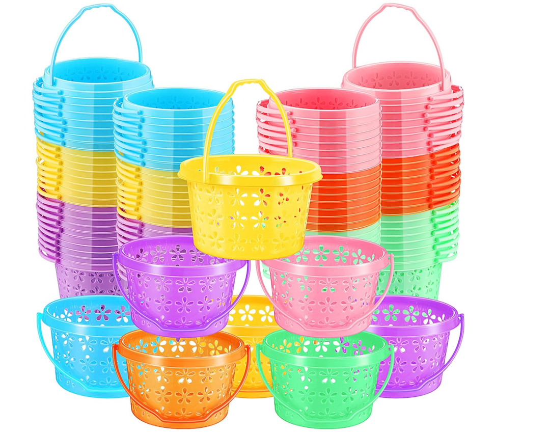 Ziliny 50 Pieces Plastic Easter Baskets Bulk with Handles Colorful Round Egg Mini Baskets for Easter Party Favors Egg Hunt Supplies, 5 Colors