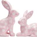 WDS WONDROUS Easter Decorations Floral Bunny Figurines Set, Pink Rabbit Decor with White Flowers, Easter & Spring Tabletop Decor, Farmhouse Home Decor Sculptures for Shelf Coffee Table Mantel