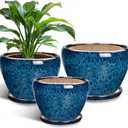 Ceramic Plant Pots Indoor, 10 Inch 8 Inch 6 Inch Round Planters Pots for Indoor Outdoor Plants, Modern Large Flower Pots with Drainage Holes and Saucers, Set of 3, Blue