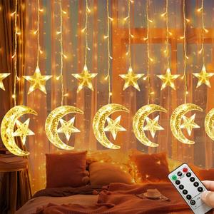 Homeleo Ramadan Decorations for Home,138 LED Upgraded Extra Large Star Moon Curtain Lights for Kids Bedroom Decor,USB Powered 8 Modes Remote LED Fairy Lights for Ramadan Window Wedding Christmas Decor