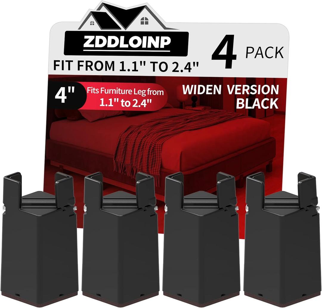 Adjustable Furniture Risers 4 Inch with Removable Screw Clamp, Fits Diameter from 1.1-2.4 Inch, Bed Table Couch Desk Risers Heavy Duty for Square Round Straight Furniture Legs(4 Pack, Black)