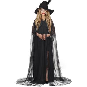 Ultrafun Halloween Witch Costume for Women - Full Length Sheer Witch Cloak with Hood for Cosplay (Black) One Size