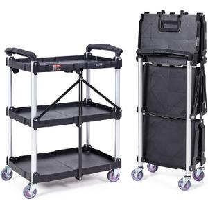 VEVOR Foldable Utility Service Cart, 165LBS 3 Shelf Heavy Duty Plastic Rolling Cart with 360 Swivel Wheels (2 with Brakes), Ergonomic Handle, Portable Garage Tool Cart for Warehouse Office Home