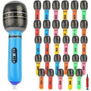 30Pcs Inflatable Microphones Set for Parties with Pump | 10-Inch Neon Blow Up Fake Microphone for Adults, Ideal for Party Favor Prizes, DJ Props, Birthday and Concert Decorations