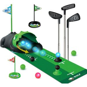Upgraded Kids Toy Golf Set with Dinosaur Automatic Golf Returner, Led Light Up Night Golf Balls, 3 Clubs, Putting Mat, 3-8 Toddler Mini Golf Games, Indoor Outdoor Sports Toys for Boys Girls (Black)