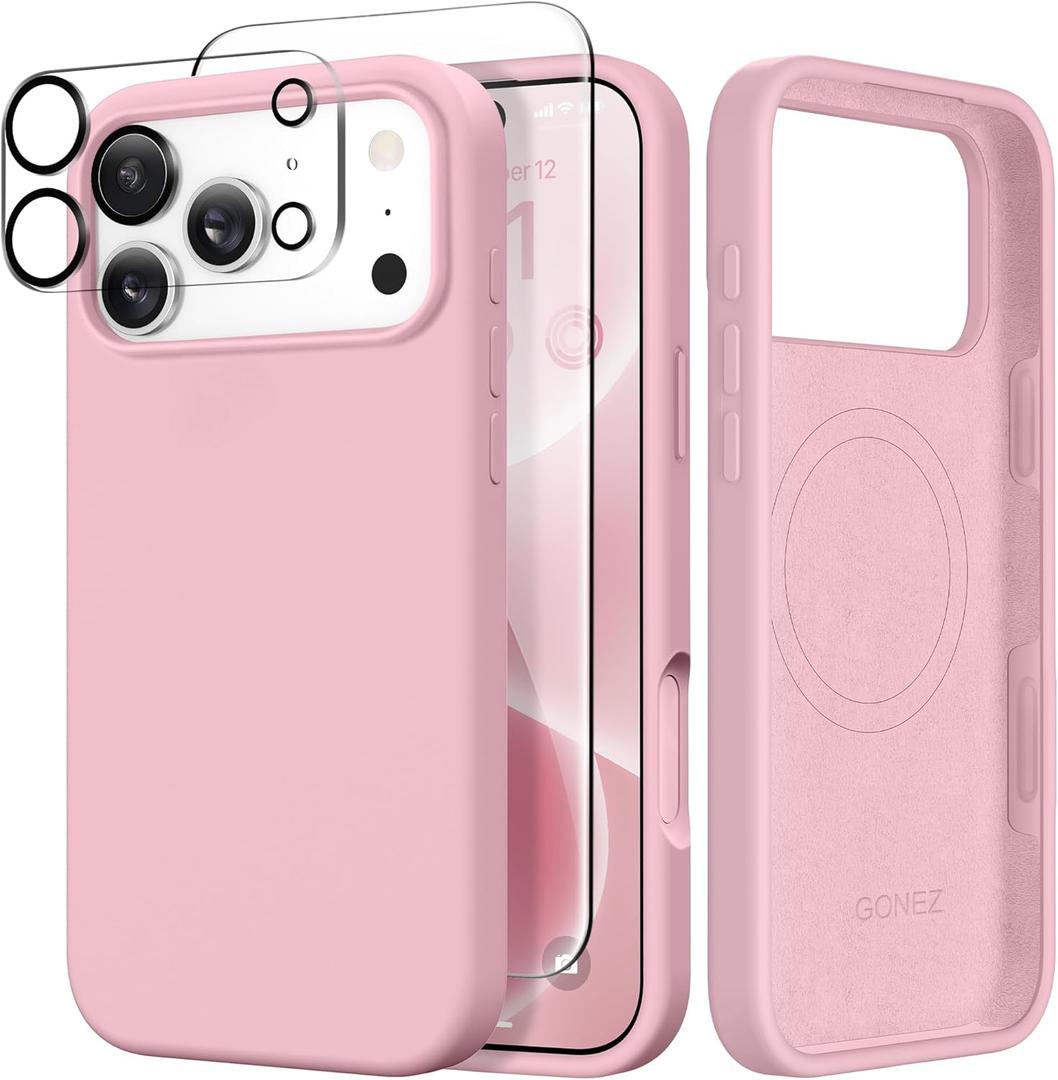 GONEZ Magnetic for iPhone 17 Pro Case, Compatible with MagSafe, [Screen Protector + Camera Lens Protector], Liquid Silicone Anti-Scratch Shockproof Protective Phone Case 6.3 inch, Peach Pink