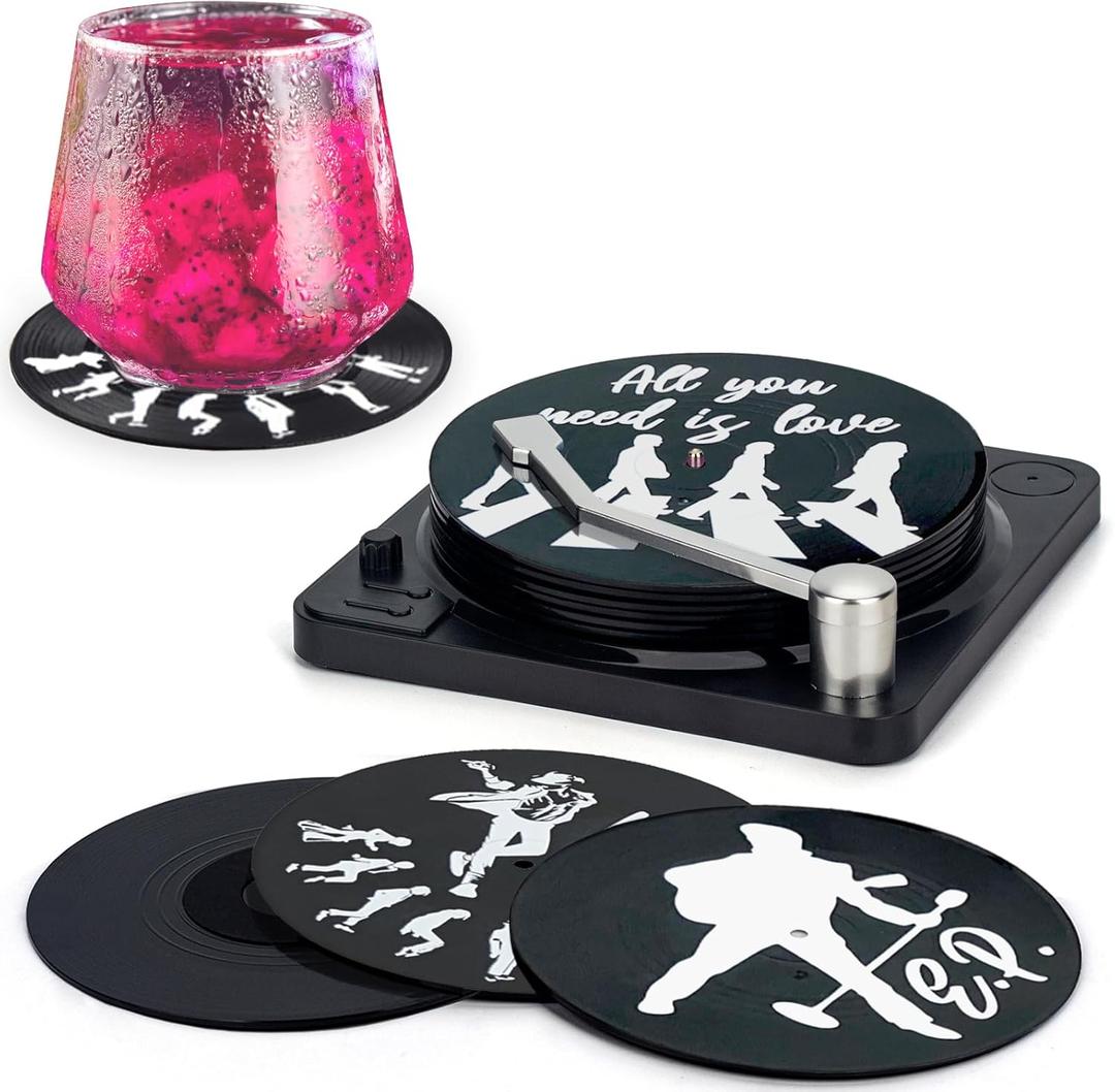 Valdivia Retro Vinyl Record Coasters with Player, 6 Pcs Music Coasters for Drinks, Bars, Cool Apartment Decor and Funny Housewarming Gifts New Home Presents for Music Lovers, Birthday Gifts for Men