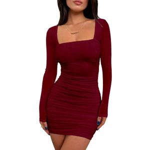 BORIFLORS Women's Sexy Ruched Bodycon Mini Dress Mesh Long Sleeve Club Party Short Dresses (Wine Red, Small)
