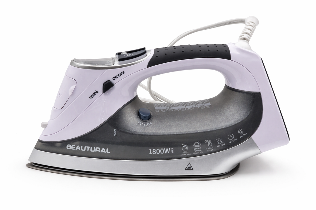 BEAUTURAL 1800-Watt Steam Iron with Digital LCD Screen, Double-Layer and Ceramic Coated Soleplate, 3-Way Auto-Off, 9 Preset Temperature and Steam Settings for Variable Fabric, Purple