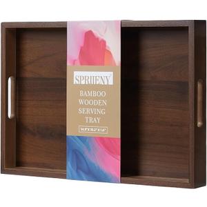 Spriieny 14.9''x10.2''x1.57'' Bamboo Wooden Tray with Handles, Rectangular Natural Solid Wood, Walnut Dark Brown Color Serving Tray.Suitable for Kitchen,Bedroom,Breakfast,Coffee,Decorative,Party Bars.