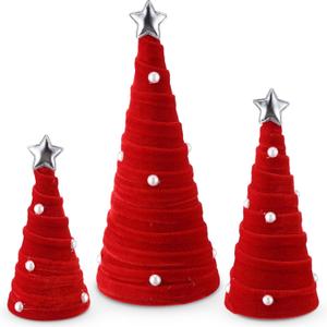 Leitee 3 Pcs Christmas Red Velvet Trees, Cone Table Decorations Modern Christmas Tabletop Centerpieces Trees Winter Decor Tree Tiered Tray with Pearls and Stars for Entryway Mantle Home Farmhouse