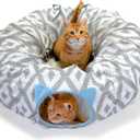 Kitty City Large Cat Tunnel Bed, 2-in-1 Zip-Together Cat Play Tunnel & Plush Nap Bed, Pop-Up Indoor Cat Toy with Hanging Toys, Collapsible Design - White