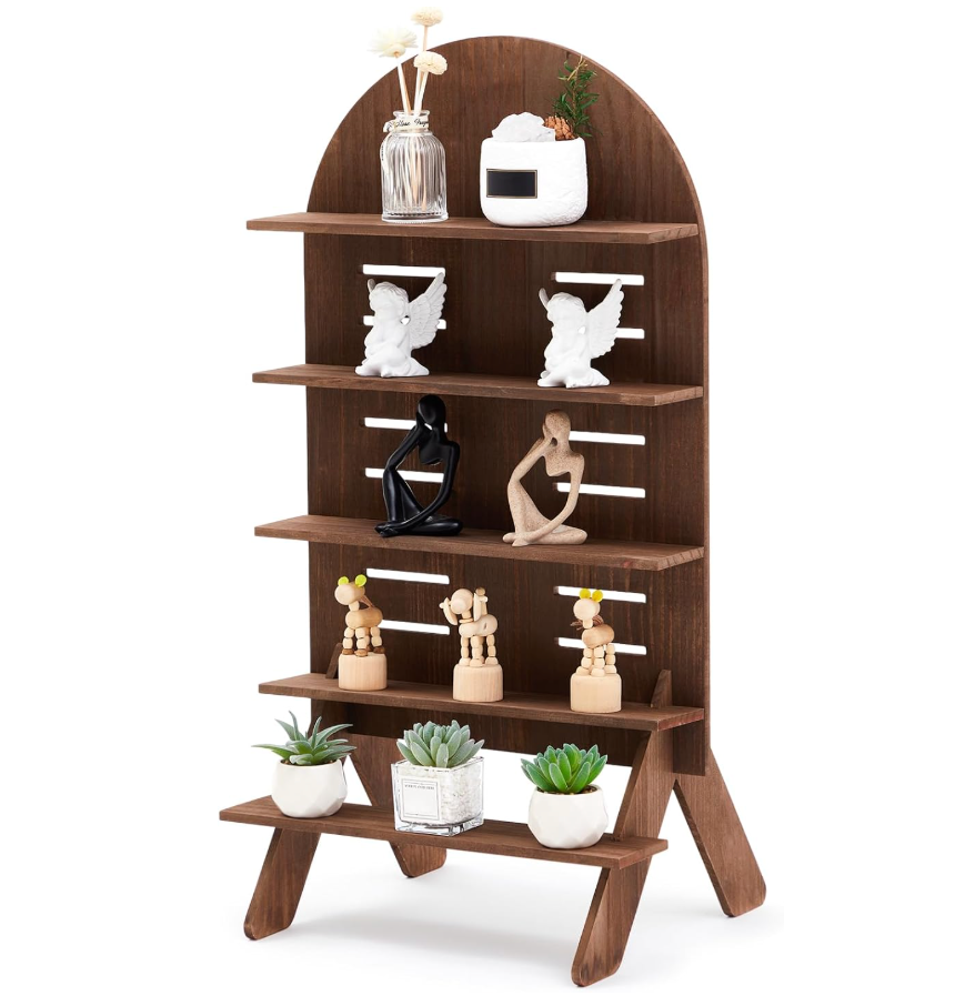 Blulu 5-Tier Wooden Display Shelf for Vendors 31.5 x 16 Inch Tall Removable Retail Display Riser Stand with Adjustable Height for Candles Decorative Items(Arch,Walnut Color)