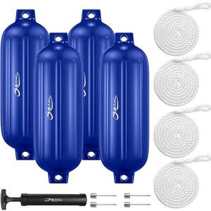Boat Fenders 4 Pack 8.5 x 27 Inches Ribbed Twin Eyes Boat Fenders Bumpers for Docking, Comes with Ropes and Pump to Inflate