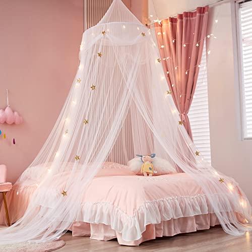 Bed Canopy with Lights for Girls,Gold Star Princess Crib Canopy Curtains,Extra Large Dome Mosquito Net Reading Nook Canopy for Kids Boys Twin Full Queen Size Bed, Fire Retardant Fabric