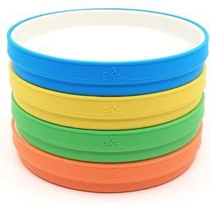 Elk and Friends Kids 7.8 Porcelain White Plates with Silicone Sleeves | Suitable for Babies/Toddlers | Microwave & Dishwasher Safe | Non Slip Dinnerware | Snack Dishes | 4 Pack