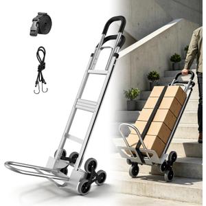 Aluminum 2 in 1 Hand Truck Dolly Cart with 6 Wheels, 600 Lbs Capacity, Heavy Duty Stair Climbing Dolly with Dual Handles, Bungee Cord & Strap for Flat Ground & Stairs, Warehouse, Home, Office, Silver