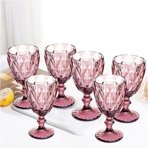 Vintage Wine Glasses Set of 6, Plastic Reusable 12 Ounce Colored Water Goblets, Unique Embossed Pattern Unbreakable Stemmed Wine Glasses High Clear Wedding Party Bar Drinking Cups Purple