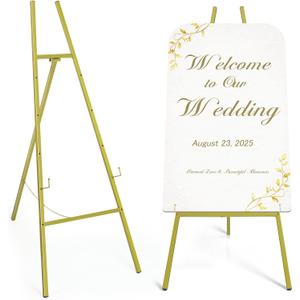 57" Heavy Duty Gold Easel Stand for Wedding Signs Holds up to 50 lbs Metal Floor Easel for Welcome Sign, Seating Chart, Art & Mirrors Quick 5-Min Assembly, Adjustable Display Stand, 57in