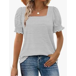 WIHOLL Tops for Women Summer Casual Ruffle Trim Sleeve Square Neck T Shirts Size M  (stain In The Center)
