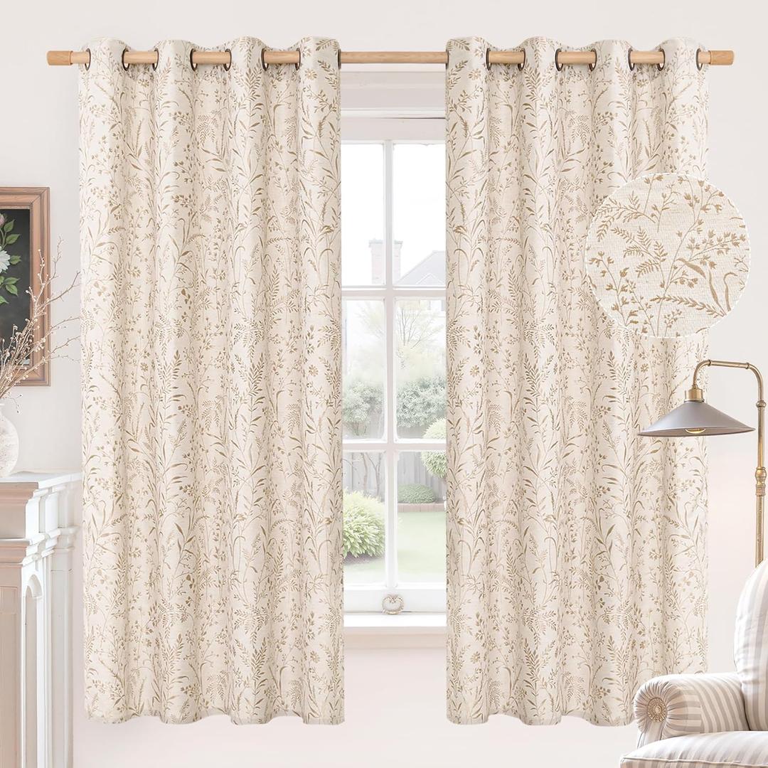 BGment Oatmeal Linen Curtains for Bedroom 63 Inch Length - Cottage Core Vintage Botanical Jacquard Light Filtering Grommet Window Curtains for Dining Room 2 Panels, Each 52 Inch Wide