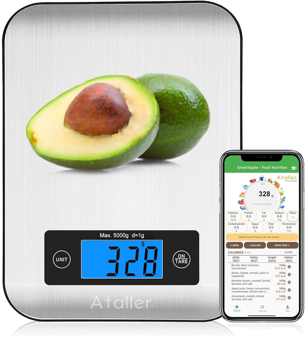 Ataller Smart Food Scales with Nutritional Calculator, Smartphone App with 26 Nutrients Tracking, Calorie, Marco, Digital Kitchen Weight Grams and Ounces for Weight Loss, 11 Pounds, Stainless Steel