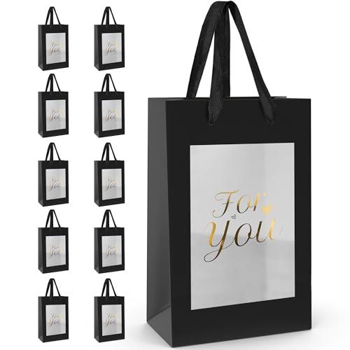 10 Pcs For You Kraft Paper Gift Bags with Transparent Window – 10"x7"x5" Elegant, Reusable Black Window Gift Bags for Christmas, Birthdays, Weddings, Holidays, Small Bouquet, Bridal, and Special Occasions