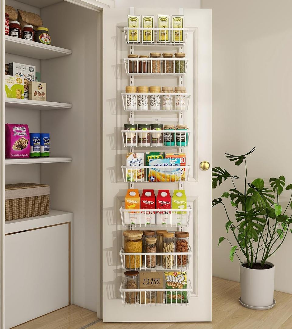 Mefirt White 12 Inch Wide Narrow Over The Door Pantry Organizer, Pantry Organization and Storage, 8-Tier Metal Hanging Deep Basket Wall Spice Rack Seasoning Shelves, Home & Kitchen Essentials