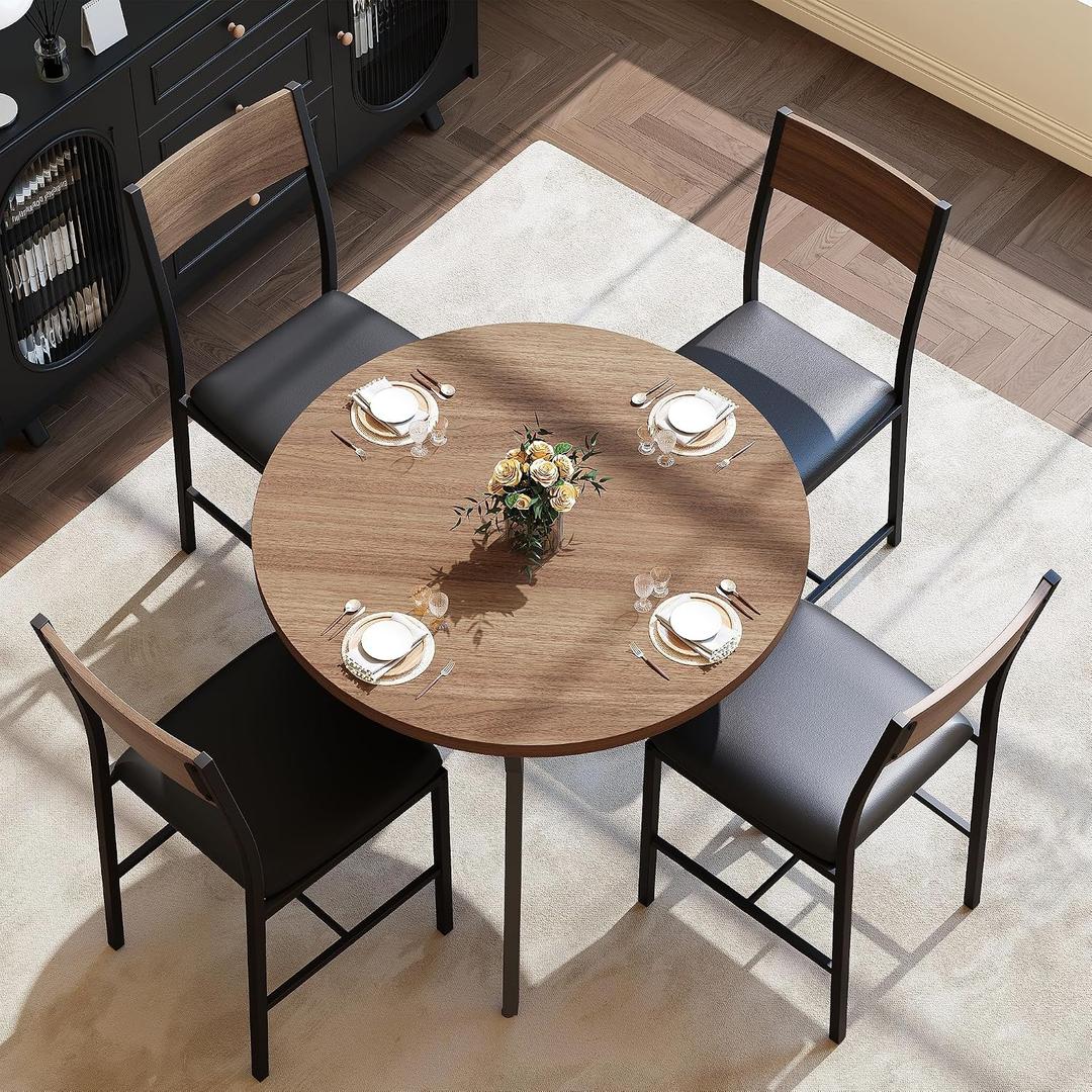 Pamapic Round Dining Table Set for 4, Kitchen Table and Chairs for 4, Dining Room Circle Dinner Pedestal Table, Solid Metal Frame,Space Saving Wood Small Kitchen & Dining Room Furniture,Walnut