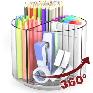 Absonic Pencil Holder for Kids, 360 Rotating Pen Holder for Desk Organizer and Storage, 4 Compartments Art Supply Marker Organizer, Pen Organizer Pencil Holder (Medium - Single - Clear - No Handle)