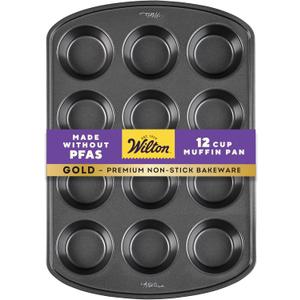 Wilton Gold Non-Stick 12 -Cup Muffin Pan, Stainless Steel Bakeware, Made without PFAS, 10.5 x 15 x 1.4 in, Packaging May Vary