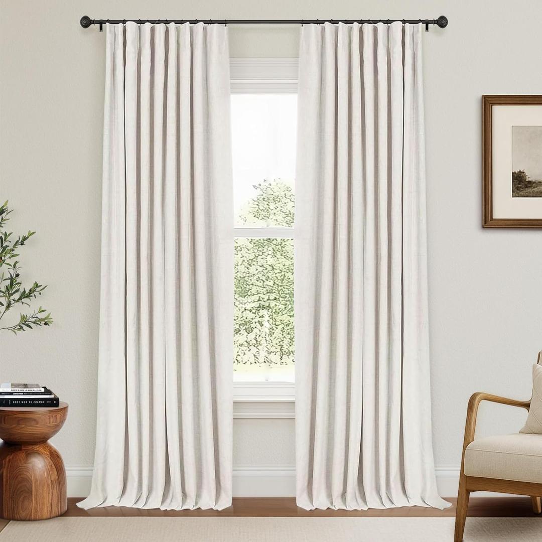 INOVADAY 100% Blackout Curtains for Bedroom, Black Out Curtains 96 Inch Long, Clip Rings Linen Blackout Drapes, Thermal Insulated Room Darkening for Living Room, 2 Panels - Beige,W50xL96 (50"W x 96"L (Pack of 2))