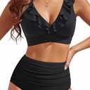Tempt Me Women High Waisted Bikini Sets - Two Piece Tummy Control Swimsuits 2025 Ruffle Bathing Suit (Black, L)