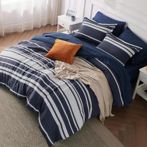 Bedsure Twin XL Comforter Set 5 Pieces, Blue Striped Bedding Set for All Seasons, Reversible, Cationic Dyeing Bed in a Bag with Comforter, Sheets, Pillowcase & Sham