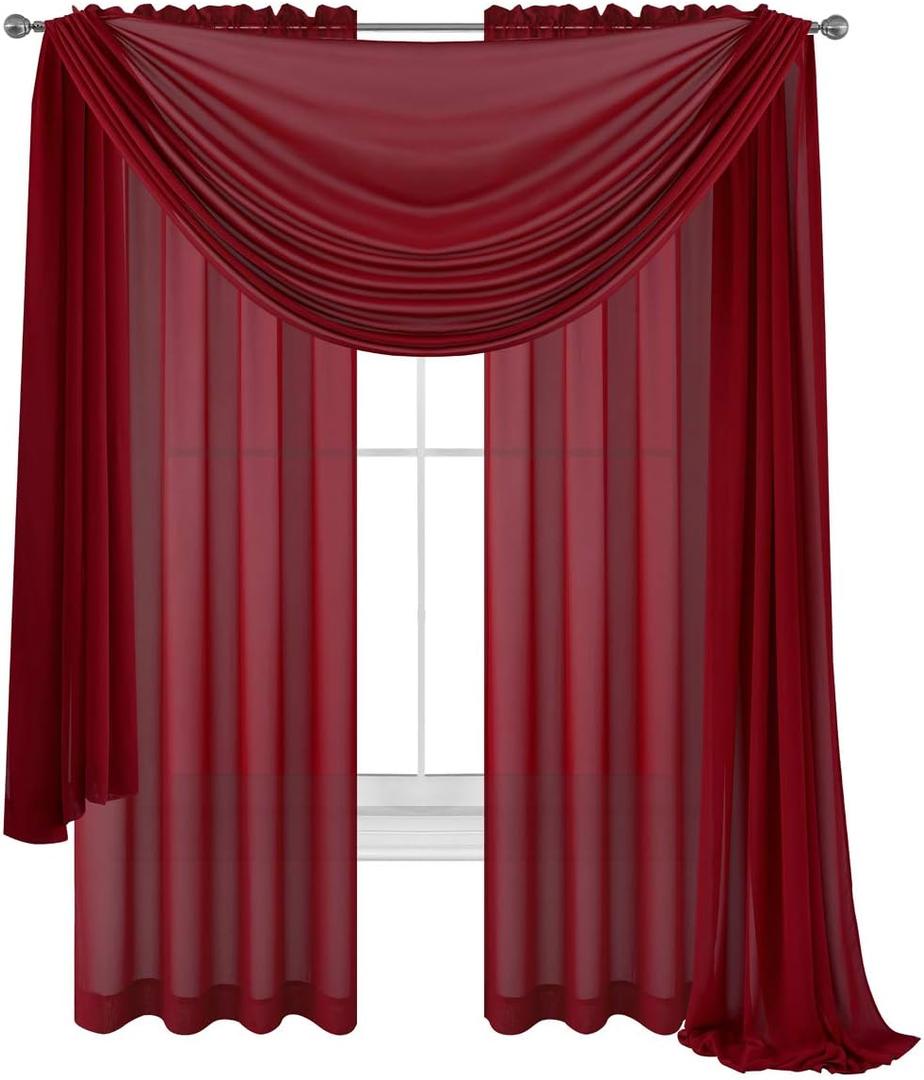 WPM WORLD PRODUCTS MART Drape/Panels/Scarves/Treatment Beautiful Sheer Voile Window Elegance Curtains Scarf for Bedroom & Kitchen Fully Stitched and Hemmed,Set of 3: Panels 2 + 1 Scarf (Burgundy)