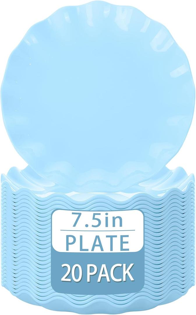 LIYH 20 Pcs Light Baby Blue Plastic Plates Reusable 7.5 Inch - Unbreakable Scalloped Dessert Plates for Weddings Camping Party Outdoor Picnics Dishwasher Safe BPA Free(20Guests)