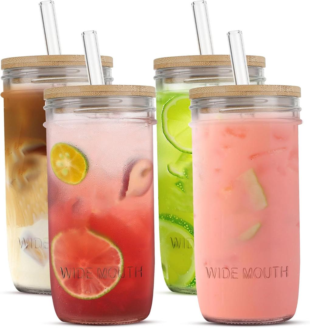 24 oz Glass Cups Set - 4 Pack Glasses Drinking Set with Leakproof Bamboo Lids & Glass Straws, Clear Kitchen Glasses Tumblers for Iced Coffee, Juice and Smoothie